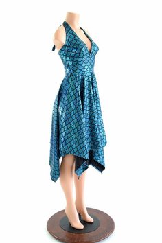 Turquoise Dragon Scale Handkerchief Hemline Halter Dress Mermaid Dress 152471 Turquoise Dragon, Fish Fashion, Ugly Dresses, Costumes Couture, Bachelorette Outfits, Dress Mermaid, Dragon Scale, Belly Dance Costumes, Olive Branch