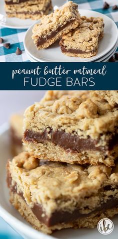 peanut butter oatmeal fudge bars are stacked on top of each other