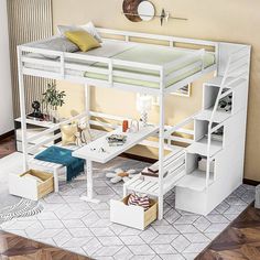 a white bunk bed with stairs and desk underneath it in a room that has hardwood floors