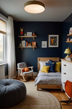 a child's bedroom with blue walls and yellow accents