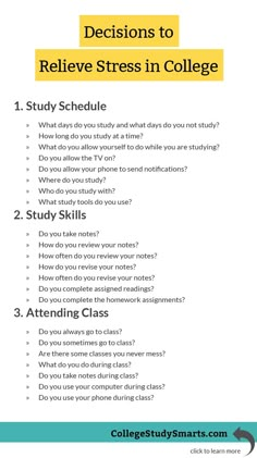 I have made these decisions ahead of time and they relieve stress in college. It's easier to focus on studying by relying on my own decisions instead of questioning them every single day. | Study Tips for College, study tips, college study tips, university study tips, online student study tips, online course study tips, study strategies, study faster, study better, study habits, study hacks, study schedule, college study skills, how to study in college, online study tips, academic confidence Study Tips For High School, Uni Prep, Study Things, Effective Studying, Work Hacks, University Tips, Study Stuff, Study Strategies