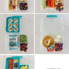 four pictures showing different lunches in plastic containers with fruit, veggies and bread