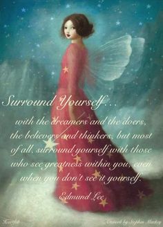 an angel with stars on her wings and the words, surround you's self