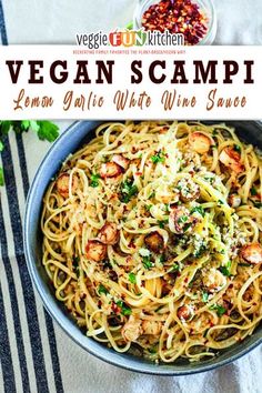 vegan scampi lemon garlic white wine sauce in a bowl on a striped towel