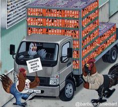 an image of chickens in the back of a truck with orange crates on it's sides