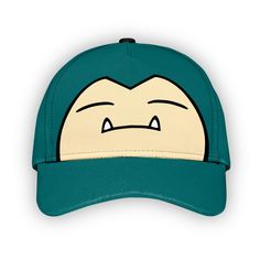 a green hat with an angry face on it