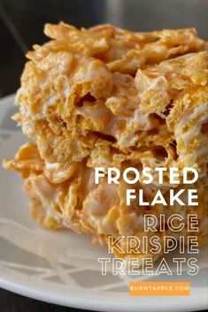 three pieces of frosted flake rice krispie treats stacked on top of each other