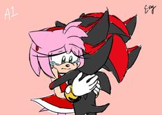 an image of a cartoon character with pink hair and black eyes, holding onto a cat