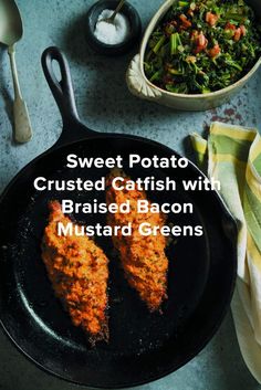 sweet potato crusted catfish with braised bacon mustard greens on a skillet