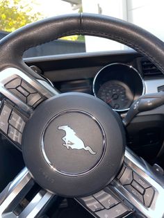 the steering wheel and dashboard of a car with an emblem on it's center console