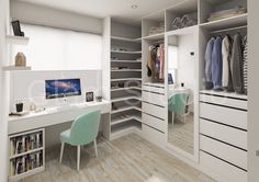 a room with a desk, chair and closet full of clothes on shelves in it