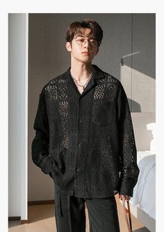 Model information Height: 179 CM Weight: 60 KG Try on size: XL Material: 70% polyester, 30% cotton Size/cm Length Chest Shoulder Sleeve S 70-74 116 54.5 54.5 M 72-76 120 56 56 L 74-78 124 57.5 57.5 XL 76-80 128 59 59 Warm tips: All are measured manually in a flat-laid position, with an allowable error of some 1-3cm. All dimensions are subject to the actual object. Unit: cm Lace Long Sleeve Shirt, Long Sleeve Men, Shirt Casual Style, Transparent Fashion, Sleeve Men, Crochet Shirt, Men Shirt, Mesh Material, Korean Men