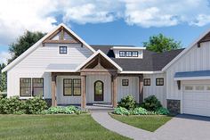 this is an artist's rendering of the front elevation of a house with two garages