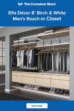 an open closet with clothes and shoes in it