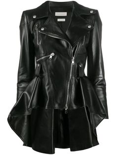 Black lambskin leather/silk flared leather biker jacket from Alexander McQueen featuring notched lapels, long sleeves, front zip fastening, multiple zip-fastening pockets, belted waist, high-low hem and flared design. Peplum Designs, Leather Peplum, Alexander Mcqueen Clothing, Biker Outfit, Black Peplum, Peplum Jacket, Peplum Hem, Leather Biker Jacket