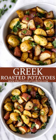 two bowls filled with roasted potatoes on top of a marble countertop, and the title overlay reads greek roasted potatoes