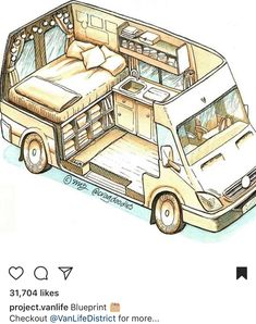 a drawing of a bus with the bed pulled up to it's back end