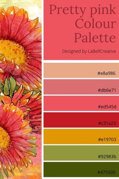 the color scheme for pretty pink and yellow daisies is shown in red, orange, green