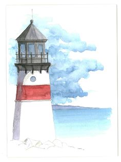 a watercolor painting of a lighthouse on the beach