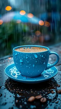 a blue coffee cup sitting on top of a saucer covered in raindrops