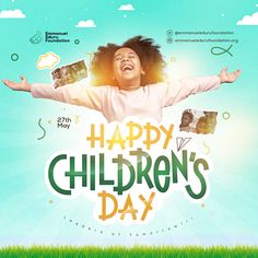 an advertisement for children's day featuring a woman with her arms outstretched in the air