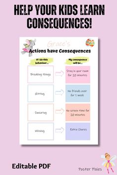 a poster with the words help your kids learn consequents and actions have consequences