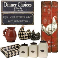 an assortment of kitchen items displayed in front of a sign