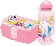 a pink lunch box with princesses on it and a water bottle next to it