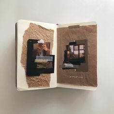 an open book with pictures and text on the pages that have been altered to look like torn paper