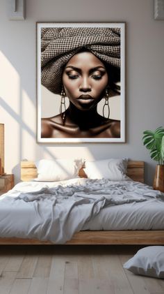 a bedroom scene with focus on the bed and an african woman's head wearing a turban