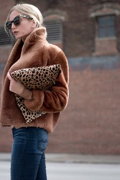 Short Brown Fur Coat Outfit, Fall Faux Fur Belted Outerwear, Classic Fall Faux Fur Outerwear, Spring Brown Faux Fur Outerwear, Cropped Fur Jacket, Chic Mink-colored Outerwear With Faux Fur Lining, Bag Jeans, Short Faux Fur Jacket, Leopard Clutch