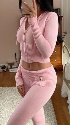 Trendy Fitted Tracksuit For Loungewear, Casual Tops With Zipper Closure For Loungewear, Trendy Tracksuit For Spring Loungewear, Trendy Spring Tracksuit For Loungewear, Trendy Tracksuit For Loungewear In Spring, Pink Two Piece, Sweatsuit Set, Pink Suit, Tracksuit Set