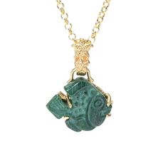 Featuring a vibrant 14x14mm fish cameo in your choice of gemstone, this Tagliamonte pendant with chain will captivate on your neckline. Part of the Sea Life Collection, it's available in your choice of Magnesite, Malachite, Lime Green Venetian Glass or Coral. It's finely crafted in 18K yellow gold plated sterling silver with a  polished finish. The 18" rolo chain secures with a spring ring clasp. A single bail lets you effortlessly place the pendant on many of your other favorite chains, as well Malachite Necklace, Fish Pendant, Pendant With Chain, Venetian Glass, Rolo Chain, Gold Plated Sterling Silver, Jewelry Plate, Sea Life, Spring Rings