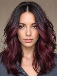 I think black hair with subtle highlights are great natural hair color ideas. These hair highlights are easy to apply and don't cover the whole hair. You can even use hair dye to get these styles at home. #haircolor #hairhighlights #blackhairwithhighlights #colorstreaksonhair Highlight Streaks Black Hair, Black Cherry Hair Color With Highlights Burgundy Red Ombre, Deep Red Highlights In Brown Hair, Caramel Highlights On Dark Hair Medium Length, Low Maintenance Hair Color Brunette Fall, Brown Hair With Burgundy Underneath, Burgundy Brunette Hair, Burgandy Hair Highlight, Red Strands In Hair