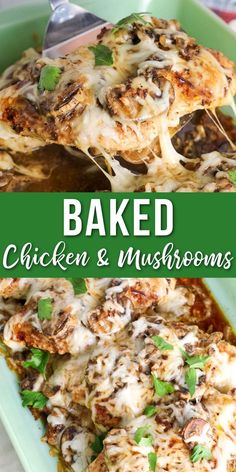 baked chicken and mushroom casserole in a green dish