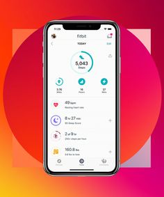 an iphone with the fitbit app displayed on it's screen, next to a colorful background