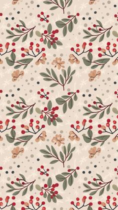 a floral pattern with red berries and green leaves on a beige background, suitable for wallpaper or fabric