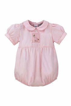 Carriage Boutique Baby Girl Hand Smocked Bubble Romper Cute Pink Bubble Romper With Smocked Bodice, Cute Cotton Bubble Romper With Smocked Bodice, Fitted Pink Bubble Romper For Baptism, Embroidered Giraffe, College Au, Girls Fall Dresses, Long Outfit, Cute One Piece