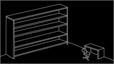 a line drawing of a bookshelf next to a desk with a mouse on it