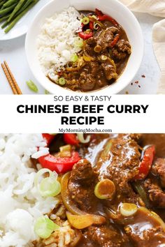 chinese beef curry with rice and green beans in a white bowl next to the recipe