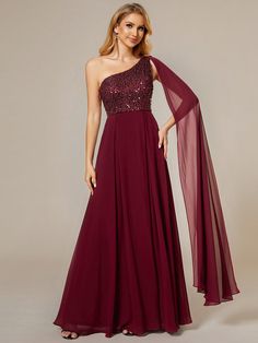 Shine bright like a star at your next special occasion with this Flowy Chiffon A-Line Shinny Sequin Bodice One Shoulder Evening Dress. The exquisite sequin bodice adds a touch of glamour, perfectly complementing the flowy chiffon skirt. Whether you're attending a red carpet event or a formal wedding, this dress will make you the center of attention. Fit: Please refer to size chart. Length: Floor length. Sleeve Style: Sleeveless. Closure: It is concealed a zipper on the left side. Undergarments: One Shoulder Evening Dress, Sequin Bridesmaid, Sequin Bridesmaid Dresses, Wedding Elegant, Ever Pretty, Formal Dresses For Women, Plus Size Wedding, Chiffon Skirt, Vestido Casual