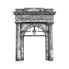 a drawing of an arch with the words stockbridge market on it