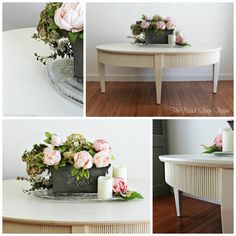 four different pictures of flowers and candles on a coffee table, including roses in a vase