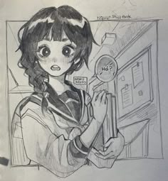 a pencil drawing of a girl holding a book