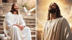 two pictures of jesus sitting on steps with doves flying in the sky above them