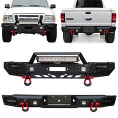 four different views of the front and rear bumpers of a white pickup truck with red led lights