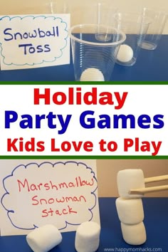 holiday party games for kids to play with marshmallows and snowman snacks