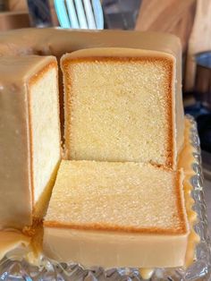 two slices of cake sitting on top of a glass plate