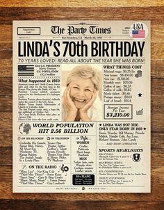 an old newspaper advertises linda's 70th birthday with the image of her