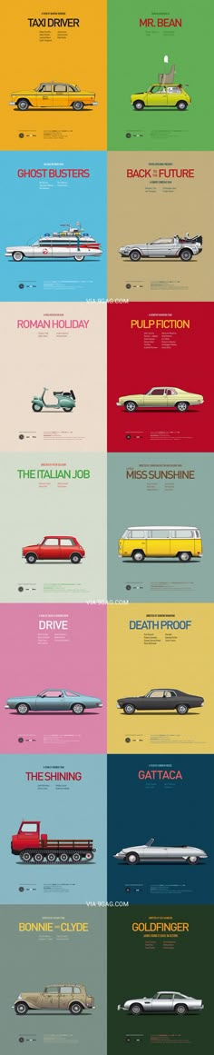 the different types of cars are shown in this graphic style, and each one has its own name on it